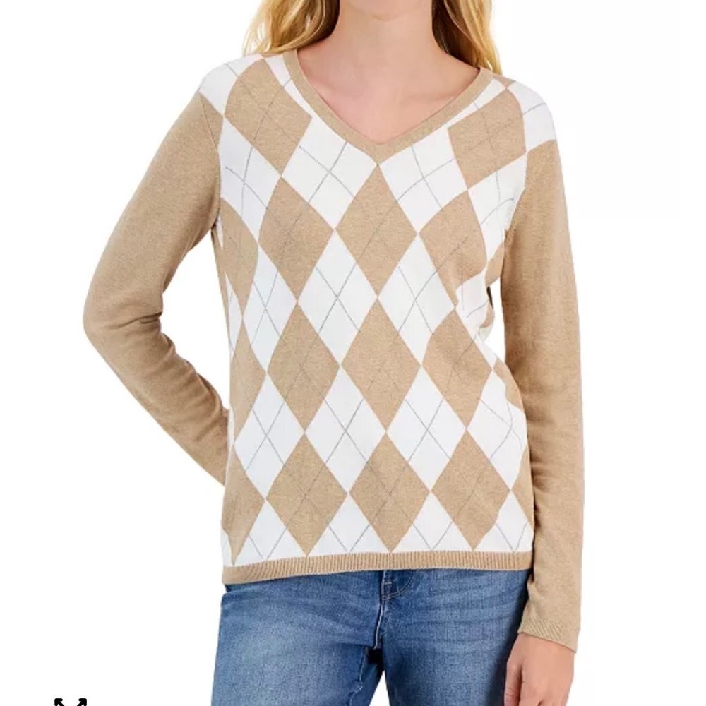 Tommy Hilfiger Ivy Argyle V-Neck Sweater Tan/White/Pink Pima Cotton Size-L EUC